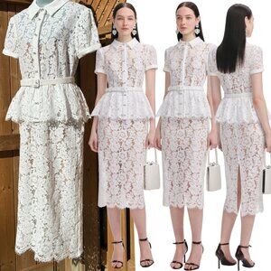 🆕 SELF-PORTRAIT 🧿 NWOT White Lace Peplum Belted Midi Dress, Sz UK 12 US 8